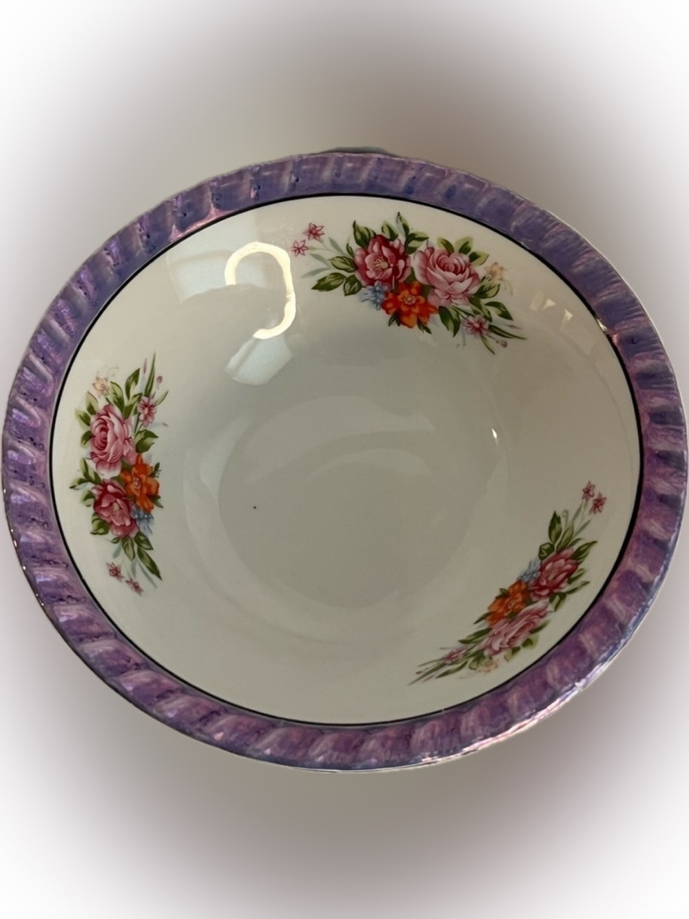 Yamatsu Japan Lusterware Set of 2 Bowls Flower Design Purple Blue Fluted Rim VTG